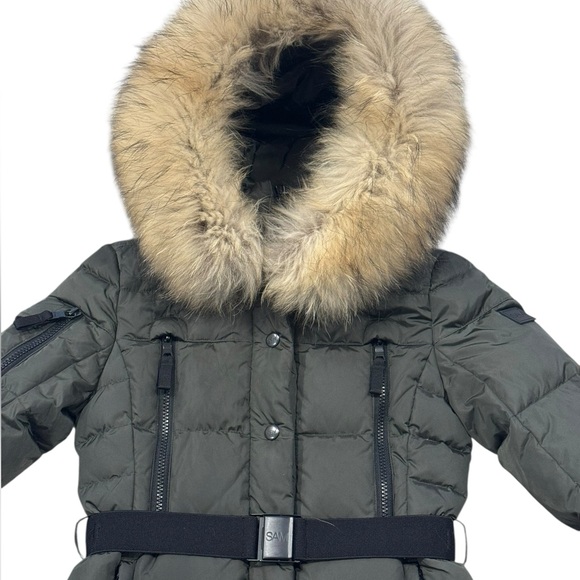 SAM.***Long Olive Green Belt Puffer Jacket Hooded w/Fur Trim***Size 10 $495 EUC - Picture 3 of 9